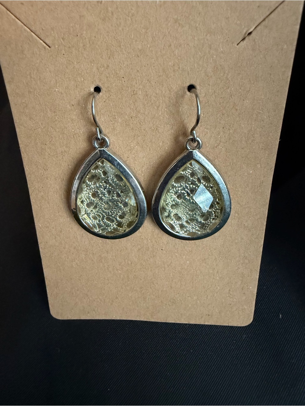 Gold Teardrop Lace-Inset Dangle Earrings. NWOT - Picture 2 of 4